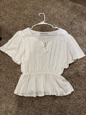 Abercrombie & Fitch Ivory Peplum Tie-Neck Blouse